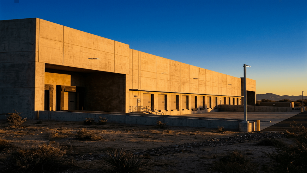 Arizona industrial warehouse exterior at sunset with loading dock doors, tilt-up concrete construction — ARID Partners industrial real estate market analysis